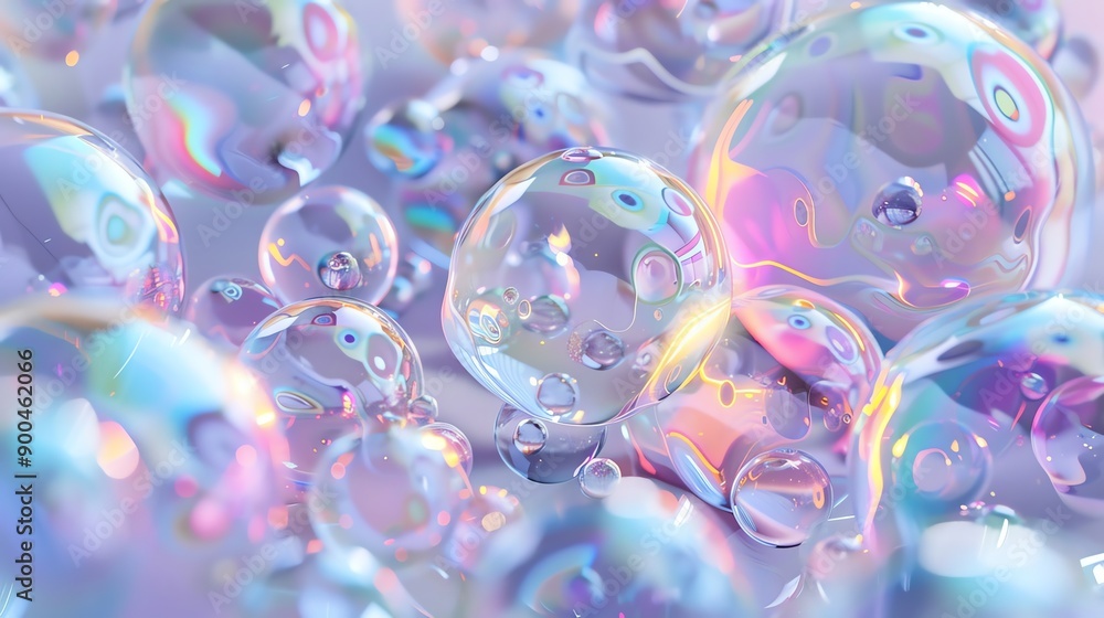 Poster abstract background with iridescent bubbles in various sizes.