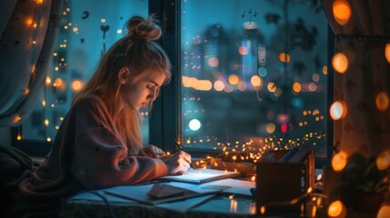 Young woman studying by the window at night, surrounded by cozy fairy lights, creating a warm, focused, and serene atmosphere.