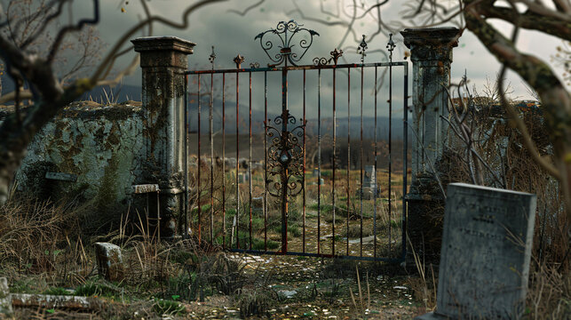 Rusty old cemetery gate opening onto a field of graves and crypts on a cloudy day