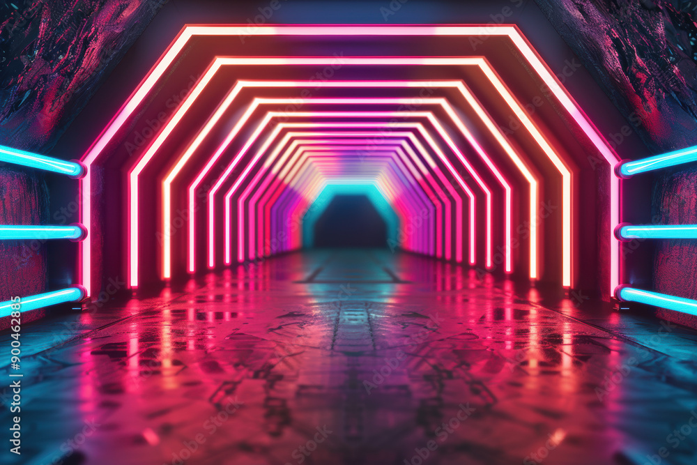 Poster futuristic neon-lit tunnel with vibrant glowing lights in various colors creating a mesmerizing path