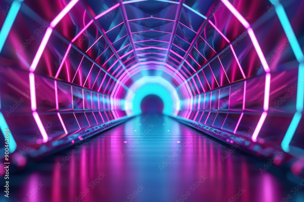 Poster futuristic neon tunnel with vibrant colors and geometric patterns, creating a sci-fi ambiance. perfe