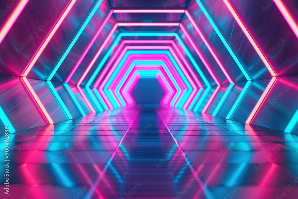 Poster futuristic neon lit geometric tunnel with vibrant pink and blue lights forming hexagonal patterns, c