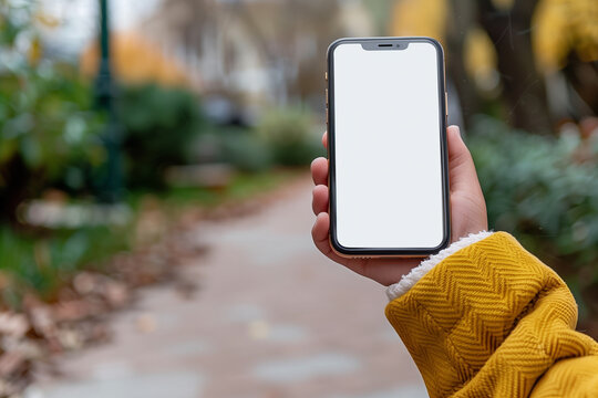 A mobile phone held in child’s hand, with the screen facing the viewer and displaying a blank white screen