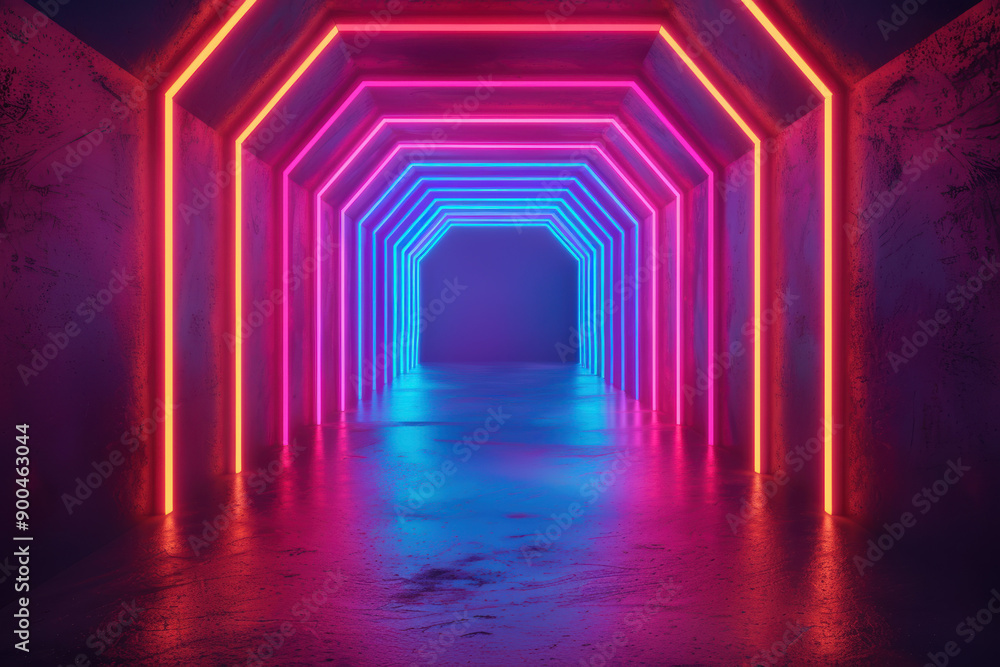Poster vibrant neon-lit tunnel with multi-colored lights creating a futuristic and surreal atmosphere in a 