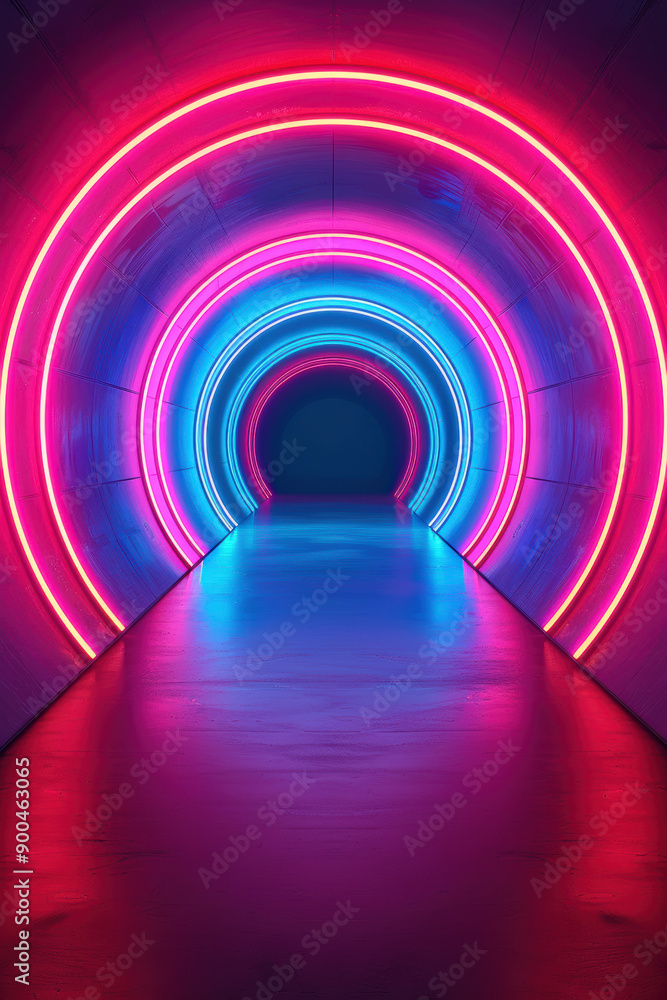 Poster futuristic neon-lit tunnel with vibrant colors and symmetrical design, creating a mesmerizing and im