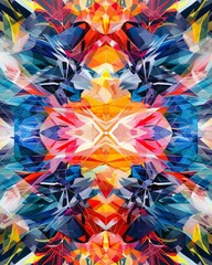 Abstract symmetrical pattern of geometric shapes in vibrant colors.