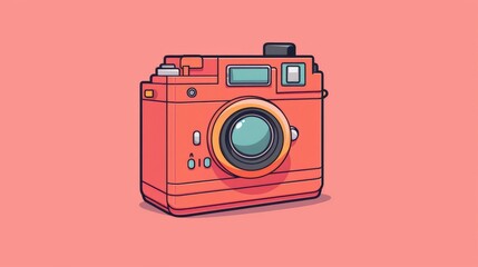 Fototapeta premium An orange camera with a black lens sits on a pink background.