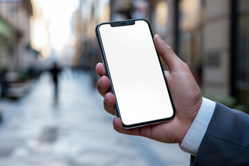 A mobile phone held in business man hand, with the screen facing the viewer and displaying a blank white screen