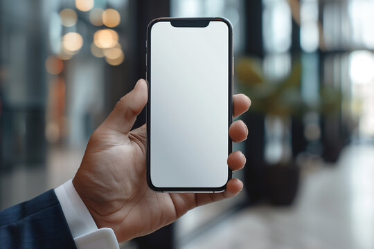 A mobile phone held in business man hand, with the screen facing the viewer and displaying a blank white screen