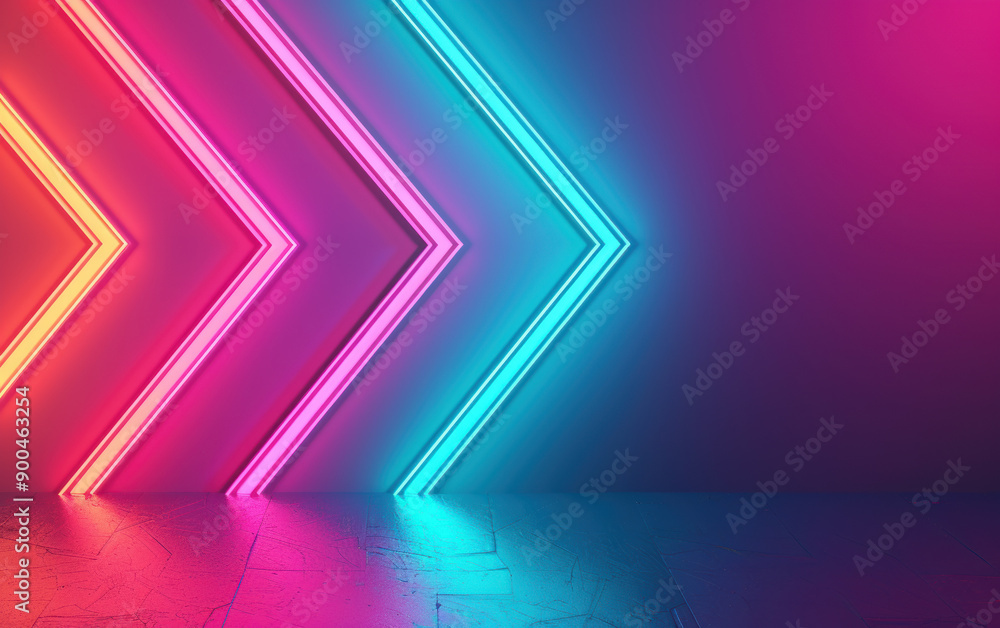 Poster vibrant neon lights arranged in an arrow pattern creating a colorful and futuristic atmosphere, perf