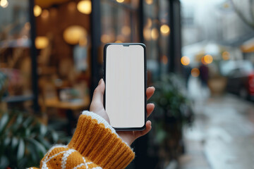 A mobile phone held in woman’s hand, with the screen facing the viewer and displaying a blank white screen