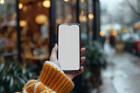 A mobile phone held in woman’s hand, with the screen facing the viewer and displaying a blank white screen