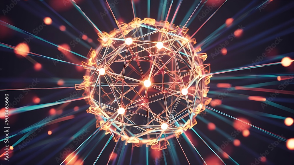 Wall mural futuristic 3d rendering of complex network structure with glowing nodes and connecting lines