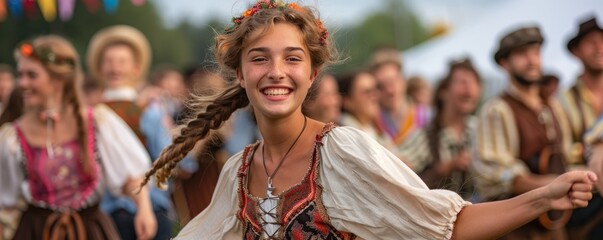 Group of people in traditional attire dancing joyously to Bavarian music.
