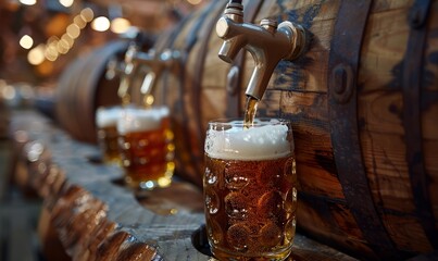 Wooden keg with a traditional tap pouring amber beer into mugs at the Oktoberfest festival.