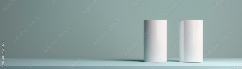 Poster minimalistic image of two white cylindrical objects on a light blue surface with a muted green backg