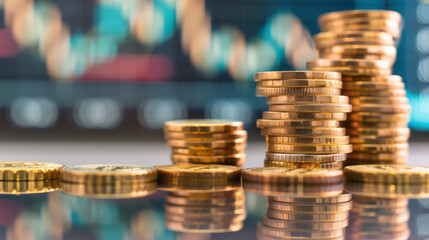 Stacks of gold coins against a blurred financial graph backdrop, symbolizing investment, growth, and prosperity in a fluctuating market.