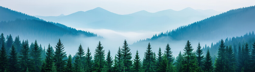 Obraz premium Panoramic view of misty mountain landscape with evergreen forest and hazy sky. Serene and tranquil nature scenery in the early morning light.