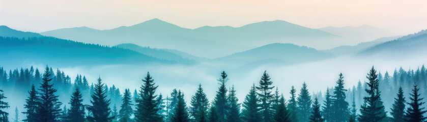 Obraz premium Scenic view of a tranquil forest with rolling mountains and a misty sky in the background, creating a serene and peaceful atmosphere.