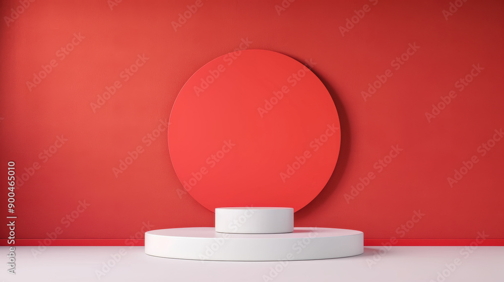 Poster minimalist red and white platform with abstract circular background for product display and design c