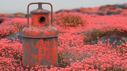 A weathered propane tank is nestled among bright pink blooming flowers