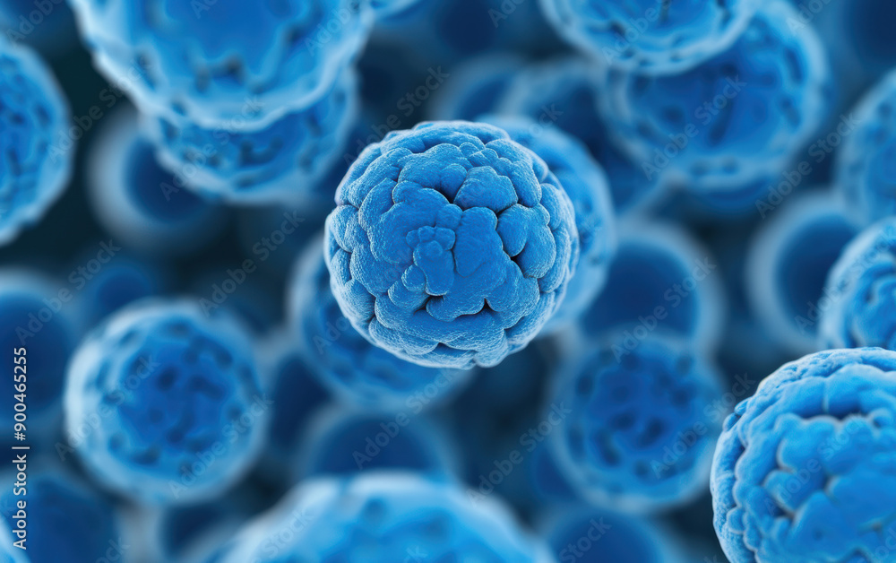 Poster microscopic close-up of blue cells with intricate textures and details, highlighting cellular struct