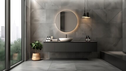 Minimalist washroom with floating vanity and geometric tiles 
