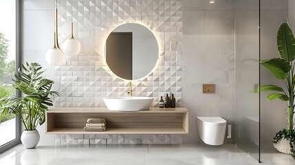 Minimalist washroom with floating vanity and geometric tiles 