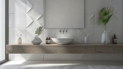 Minimalist washroom with floating vanity and geometric tiles 