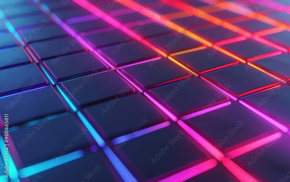 Poster abstract image of neon-lit tiles reflecting vibrant colors, creating a dynamic and futuristic appear