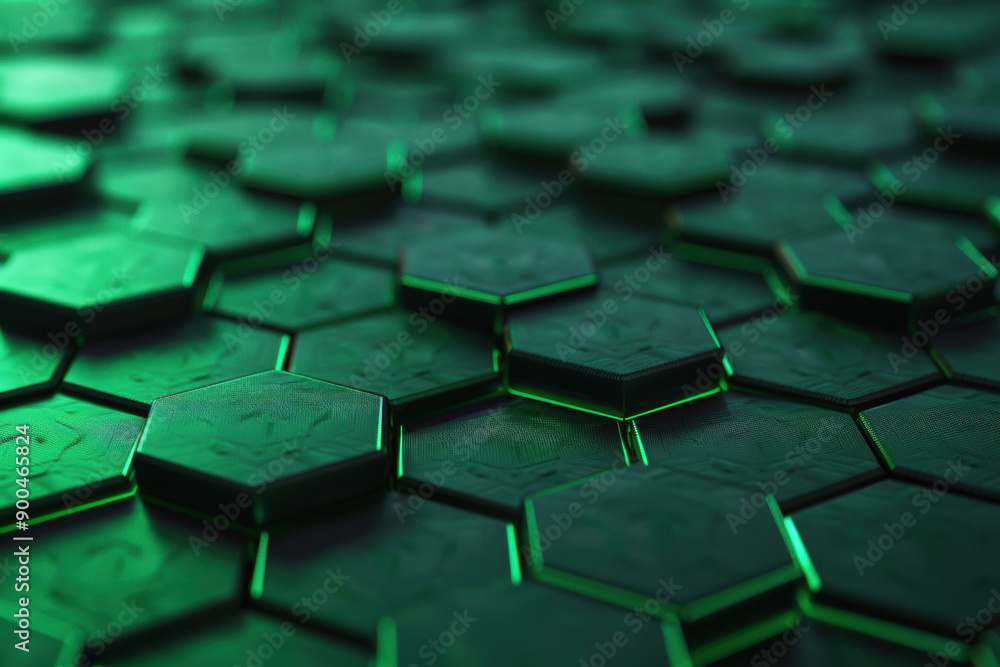 Poster close-up of green hexagonal tiles forming a geometric pattern with glowing edges, creating a futuris