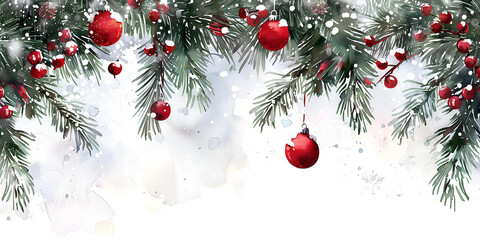 Watercolor Christmas background framed with snow-covered fir branches with festive red Christmas balls. Holiday card, greeting, background, banner, wallpaper. Copy space.