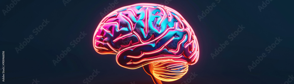 Poster vibrant neon brain model glowing with colorful lights on a dark background, highlighting neural path