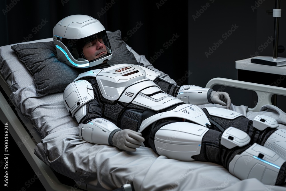 Poster futuristic scene of a person in a high tech bed with advanced robotic systems illustrating the integ