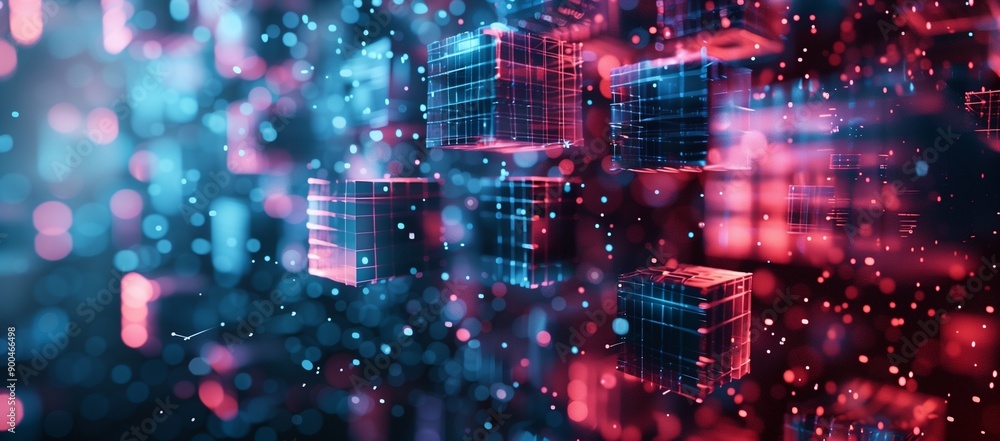 Poster abstract background with glowing cubes in blue and red colors, creating a technological futuristic d