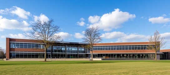 Obraz premium Modern school building with large windows and green grass, blue sky