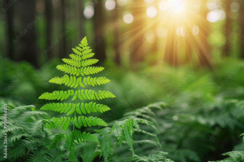 Poster a vibrant green fern in the foreground with sunlight filtering through a lush forest background, cre