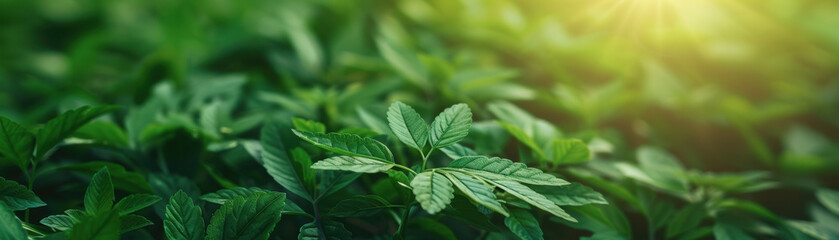 Close-up of vibrant green foliage basking in golden sunlight, capturing the beauty and tranquility of nature with fresh, lush leaves.