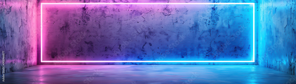 Poster modern empty room with illuminated neon frame and grungy concrete walls, creating a futuristic and v
