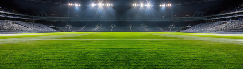 Fototapeta premium Brightly lit empty soccer stadium with lush green field and rows of empty seats, ready for an exciting game under the night sky.