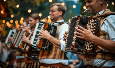 Traditional Bavarian band playing lively tunes on accordion and brass instruments at the Oktoberfest festival.