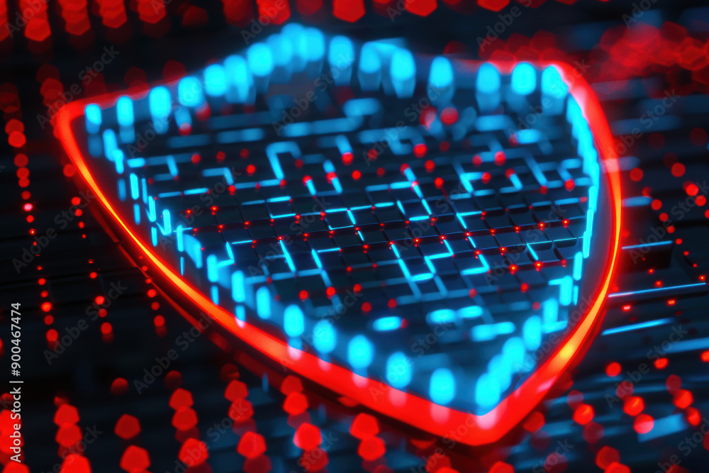 Poster digital shield glowing with cybersecurity symbols, representing data protection and tech security. i