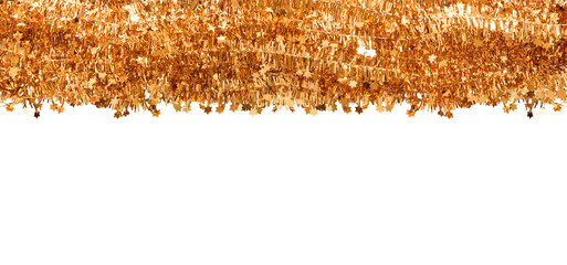 Christmas gold tinsel decoration for holiday isolated on transparent background. Border	