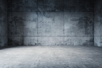 Fototapeta premium Empty concrete room with industrial gray walls and floor, perfect for background or mock-up. Stark minimalism emphasizing raw texture and simplicity.