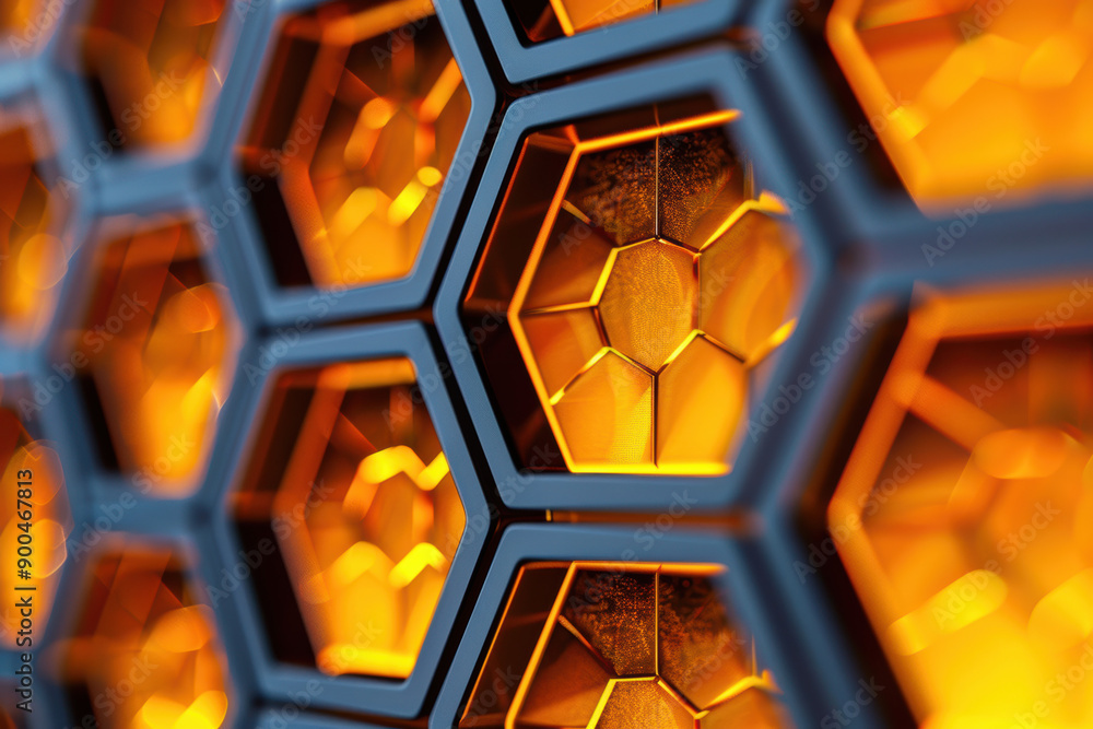 Poster close-up of a honeycomb-like structure with orange stained glass. abstract pattern, hexagonal cells,