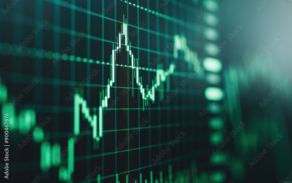 Poster digital stock market graph showing economic data trends and analysis with green financial line chart