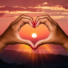  Heart at sunset. Hands folded in the shape of a heart against a picturesque sunset with the sun perfectly placed in the centre of the heart, casting rays of light on the silhouette of the hills.