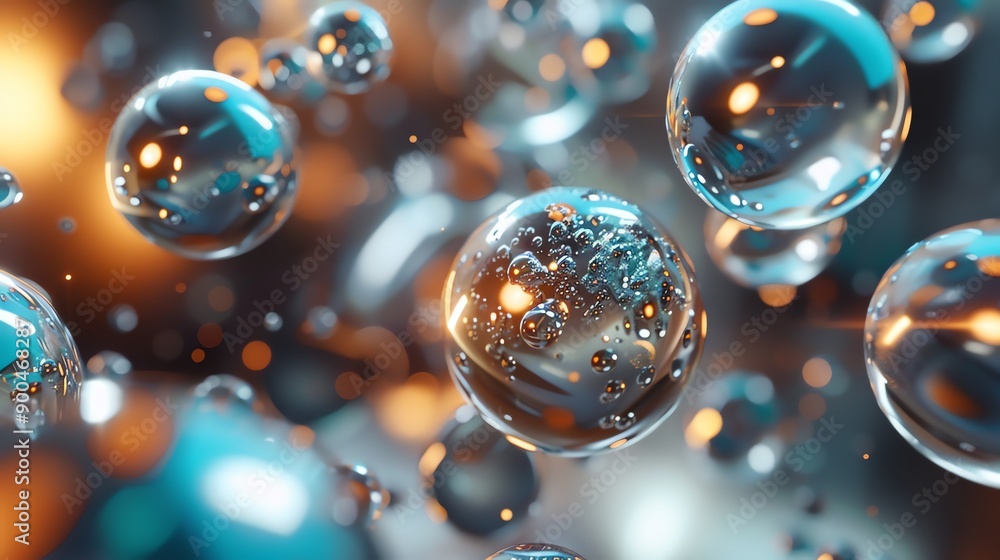 Poster abstract 3d render of transparent spheres with a blurred background.