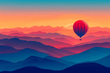Obraz premium Hot Air Balloon Soaring Over a Sunset Mountain Range