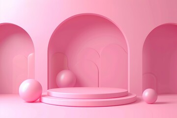 3D rendered pink podium scene with various geometric shapes in a monochromatic color scheme with an arch shaped backdrop